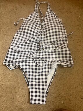 Black & White Gingham Lace-Up Halter One-Piece Swimsuit